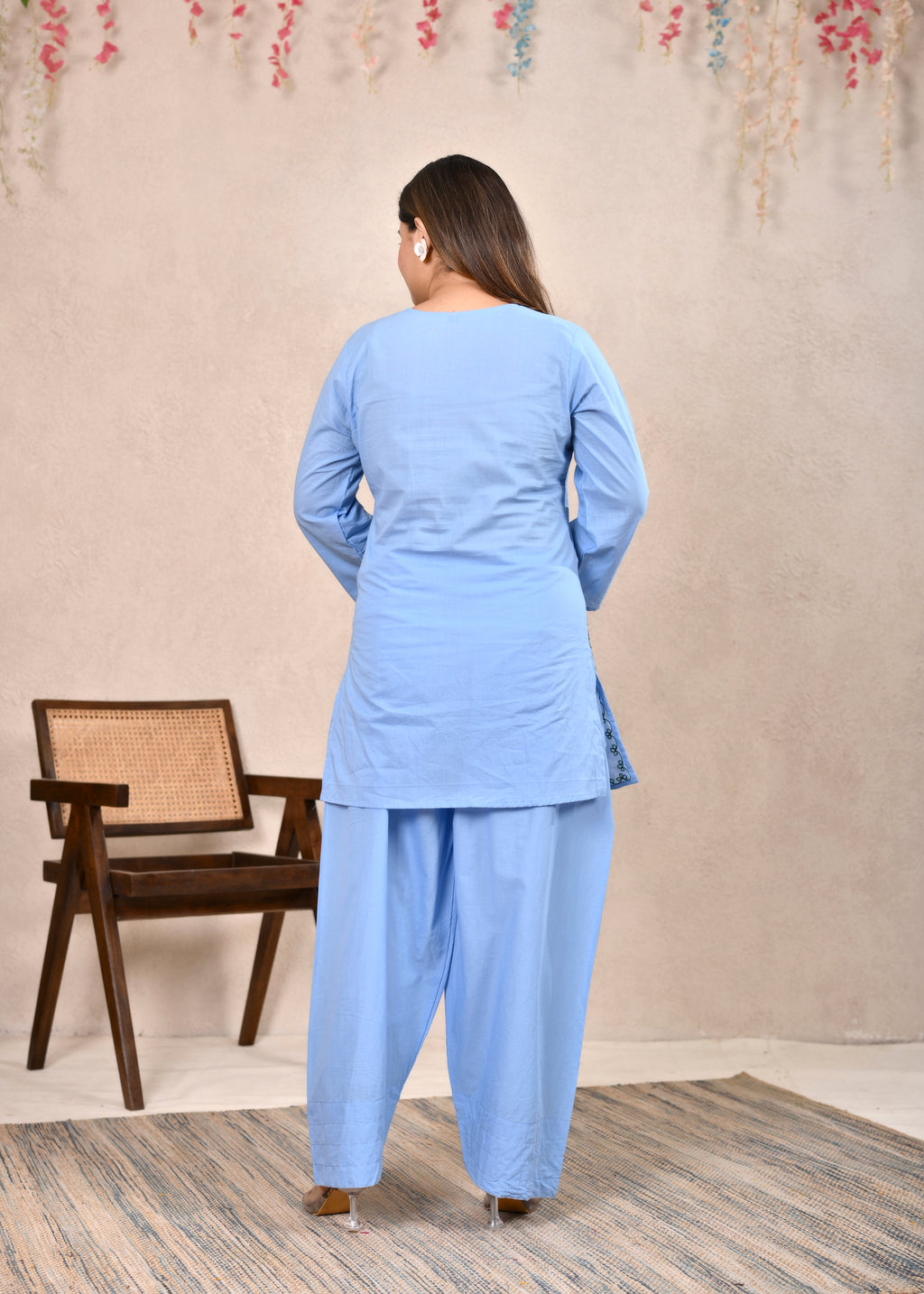 Sky Blue Sunflower Embroidered Pure Cotton Short Kurti Set
