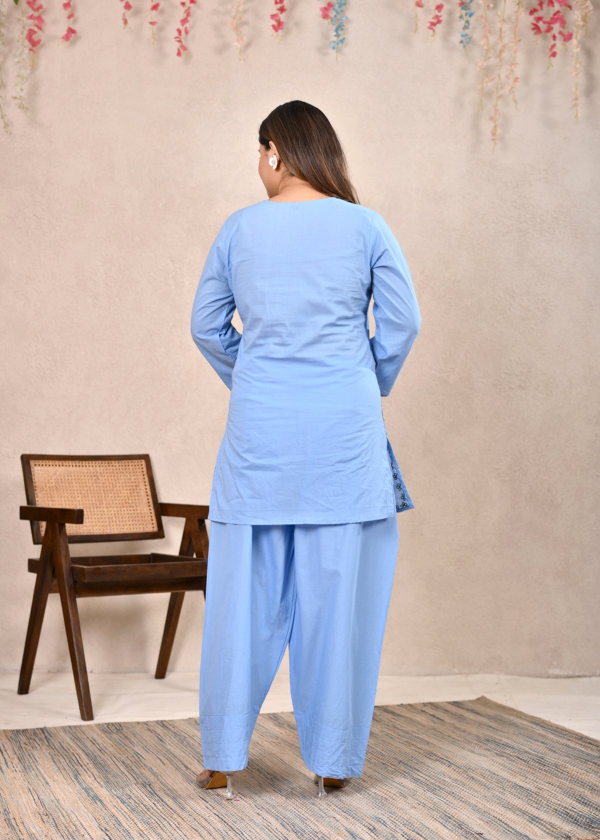 Sky Blue Sunflower Embroidered Pure Cotton Short Kurti Set