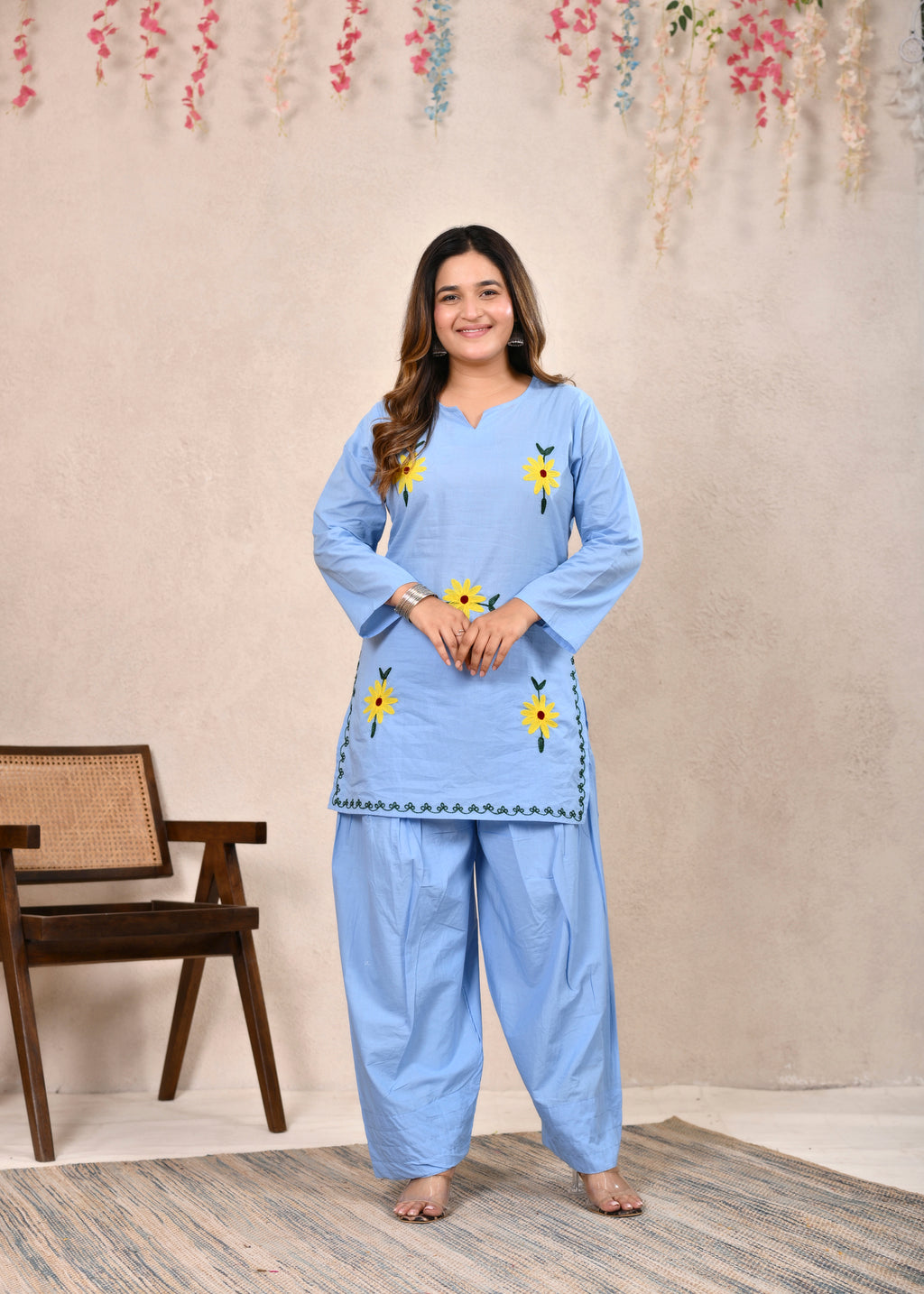 Sky Blue Sunflower Embroidered Pure Cotton Short Kurti Set