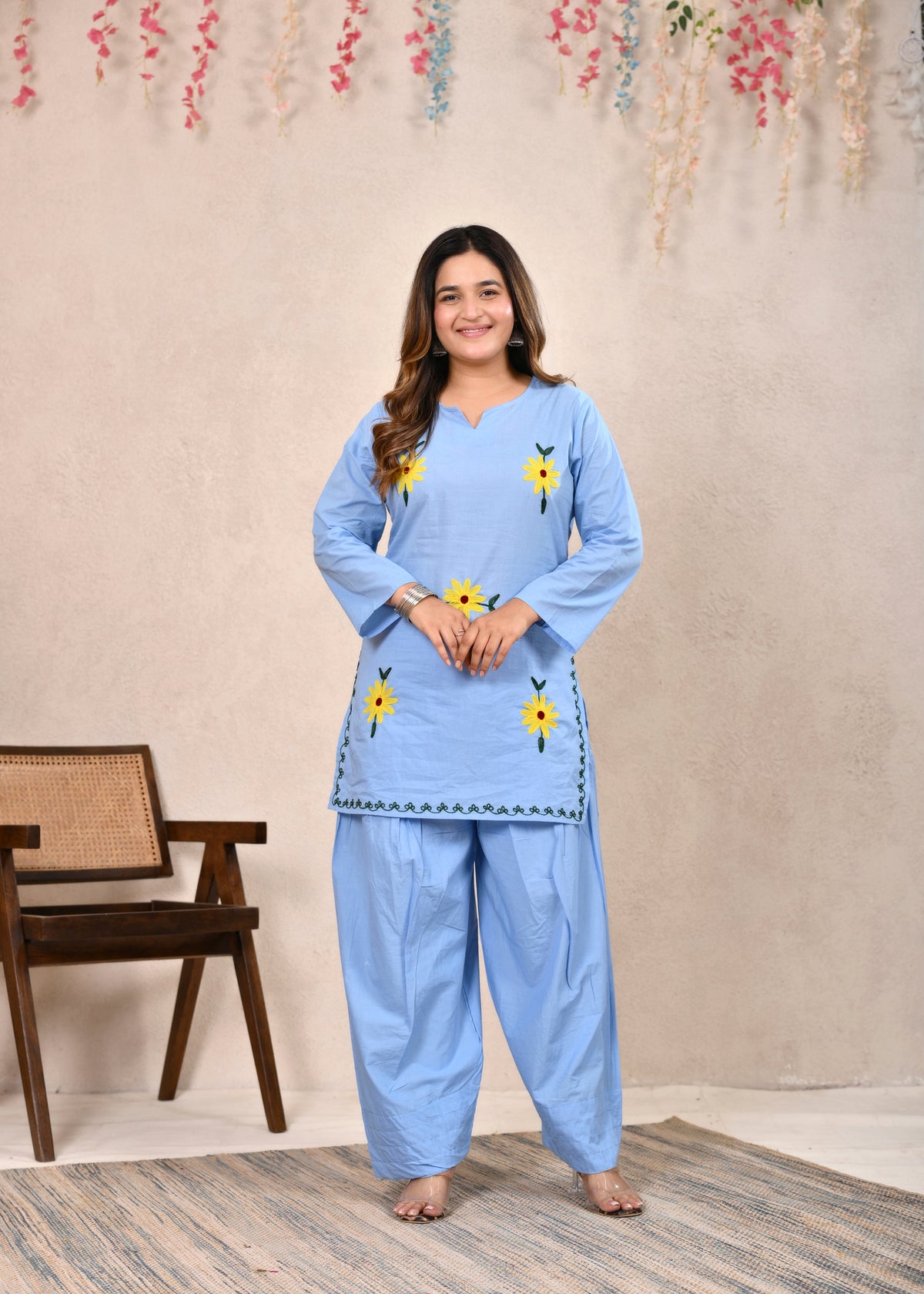 Sky Blue Sunflower Embroidered Pure Cotton Short Kurti Set