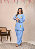 Sky Blue Sunflower Embroidered Pure Cotton Short Kurti Set