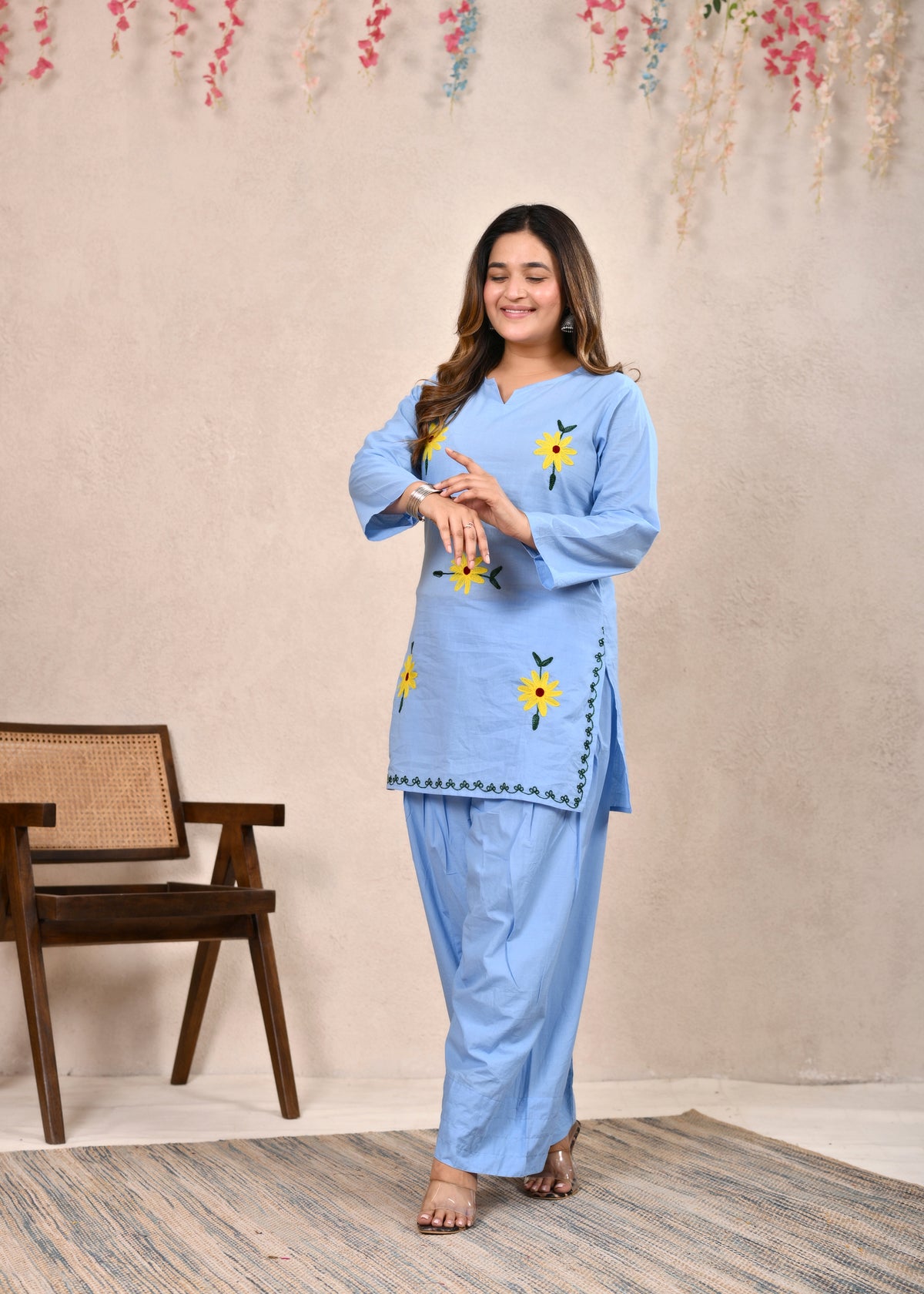 Sky Blue Sunflower Embroidered Pure Cotton Short Kurti Set
