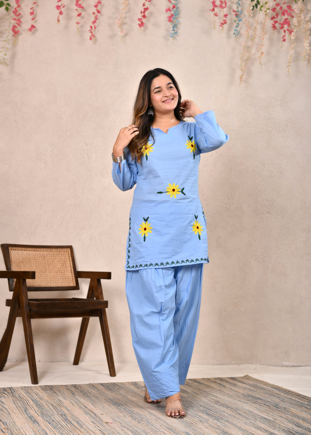 Sky Blue Sunflower Embroidered Pure Cotton Short Kurti Set