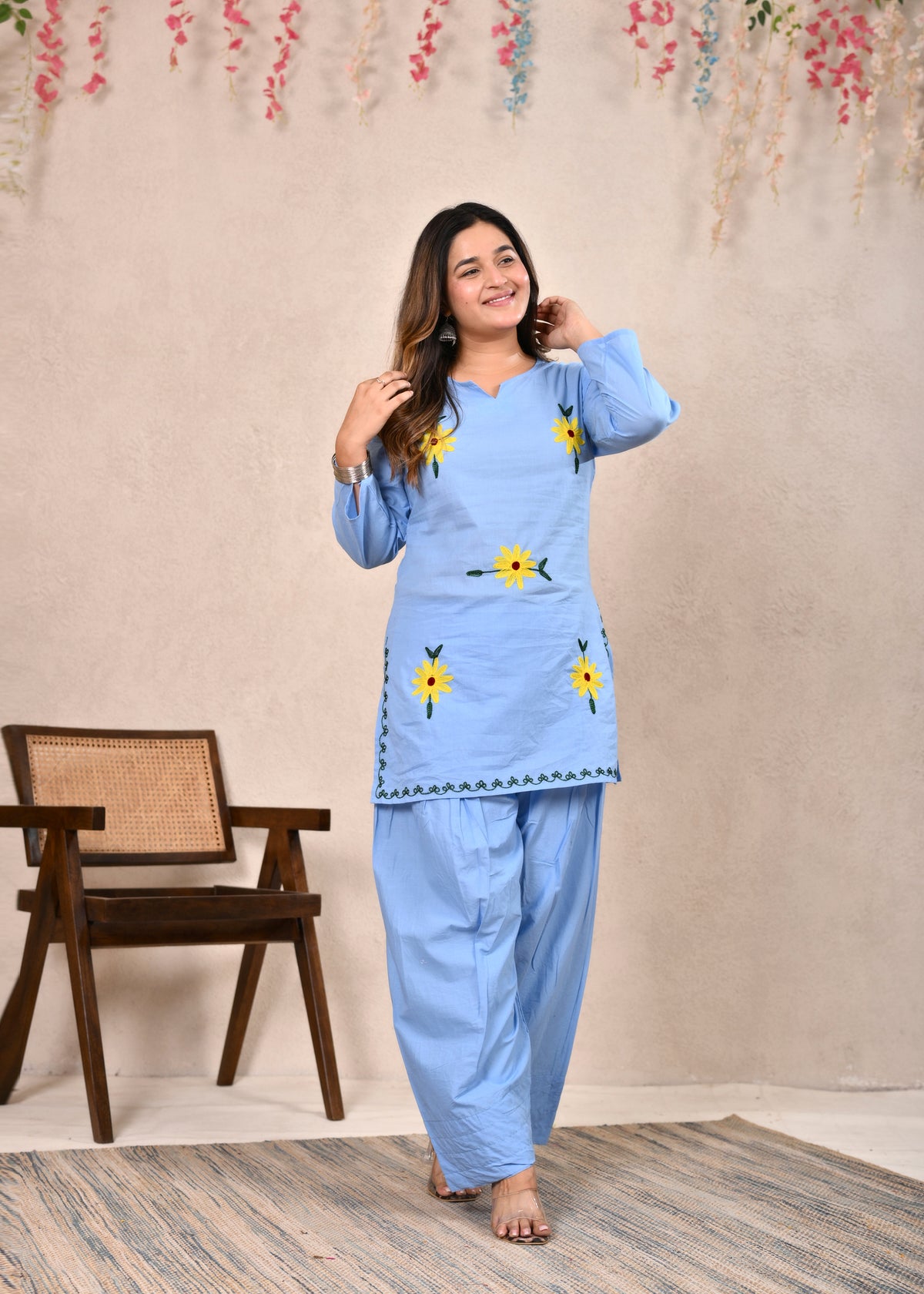 Sky Blue Sunflower Embroidered Pure Cotton Short Kurti Set