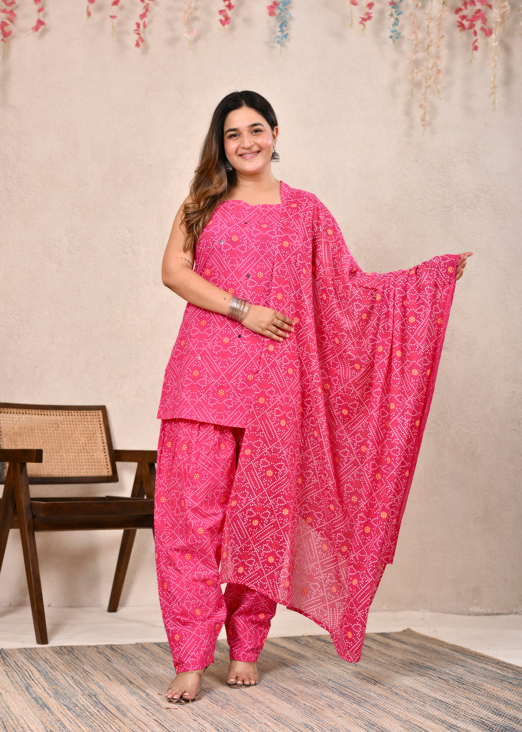 Ambrue Gulabi Bandhej Pure Cotton 3-Piece Suit Set