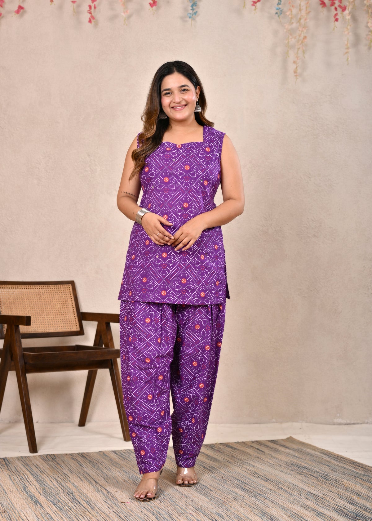 Ambrue Purple Bandhani Printed Cotton Kurta, Pant & Dupatta Set