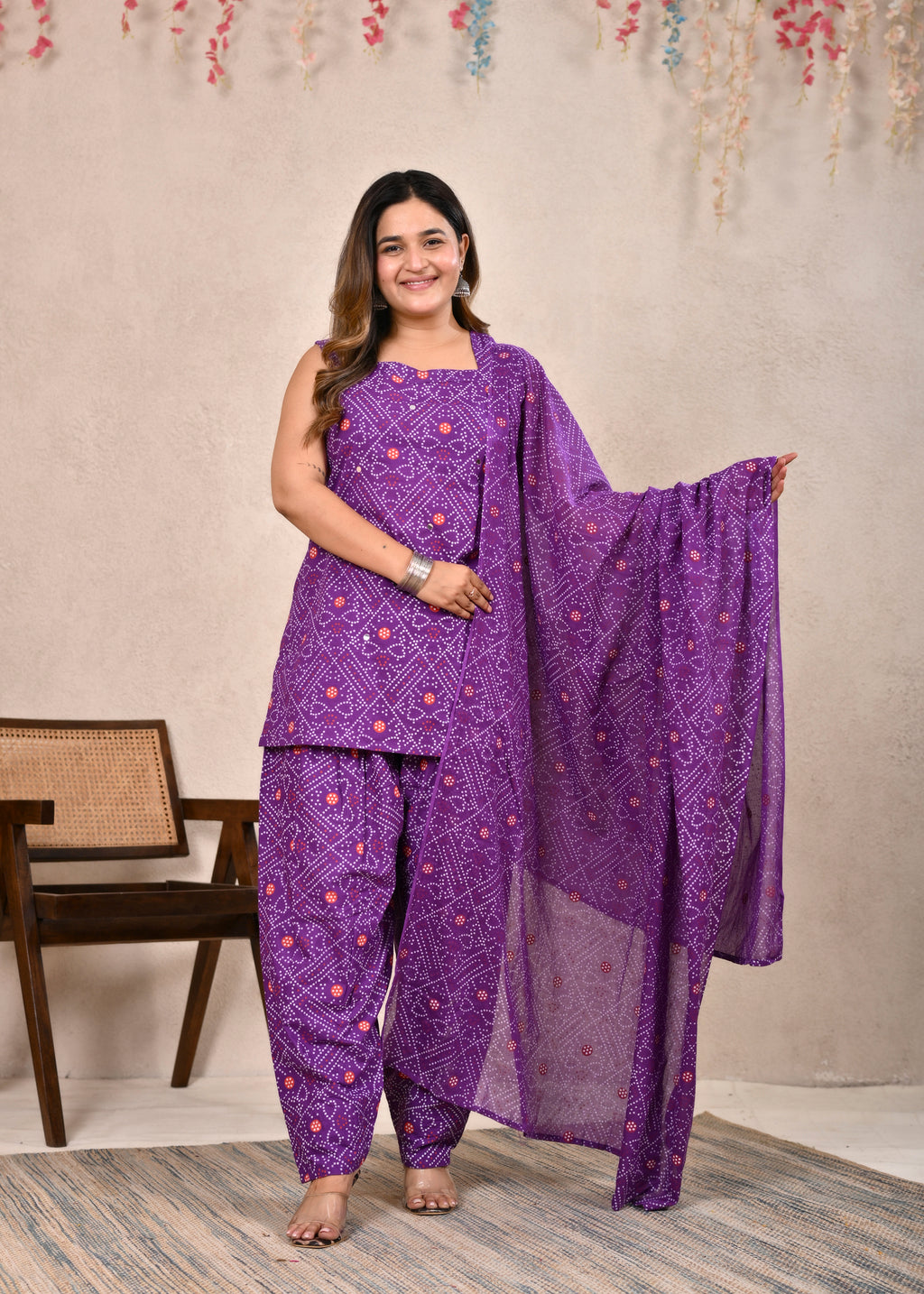 Ambrue Purple Bandhani Printed Cotton Kurta, Pant & Dupatta Set