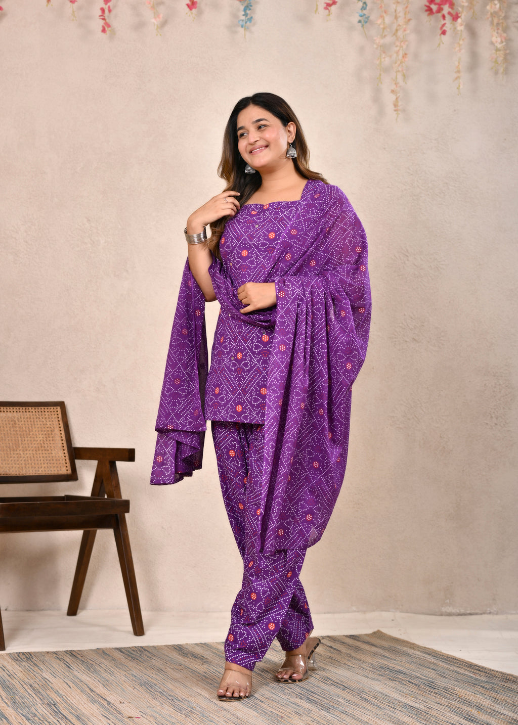 Ambrue Purple Bandhani Printed Cotton Kurta, Pant & Dupatta Set