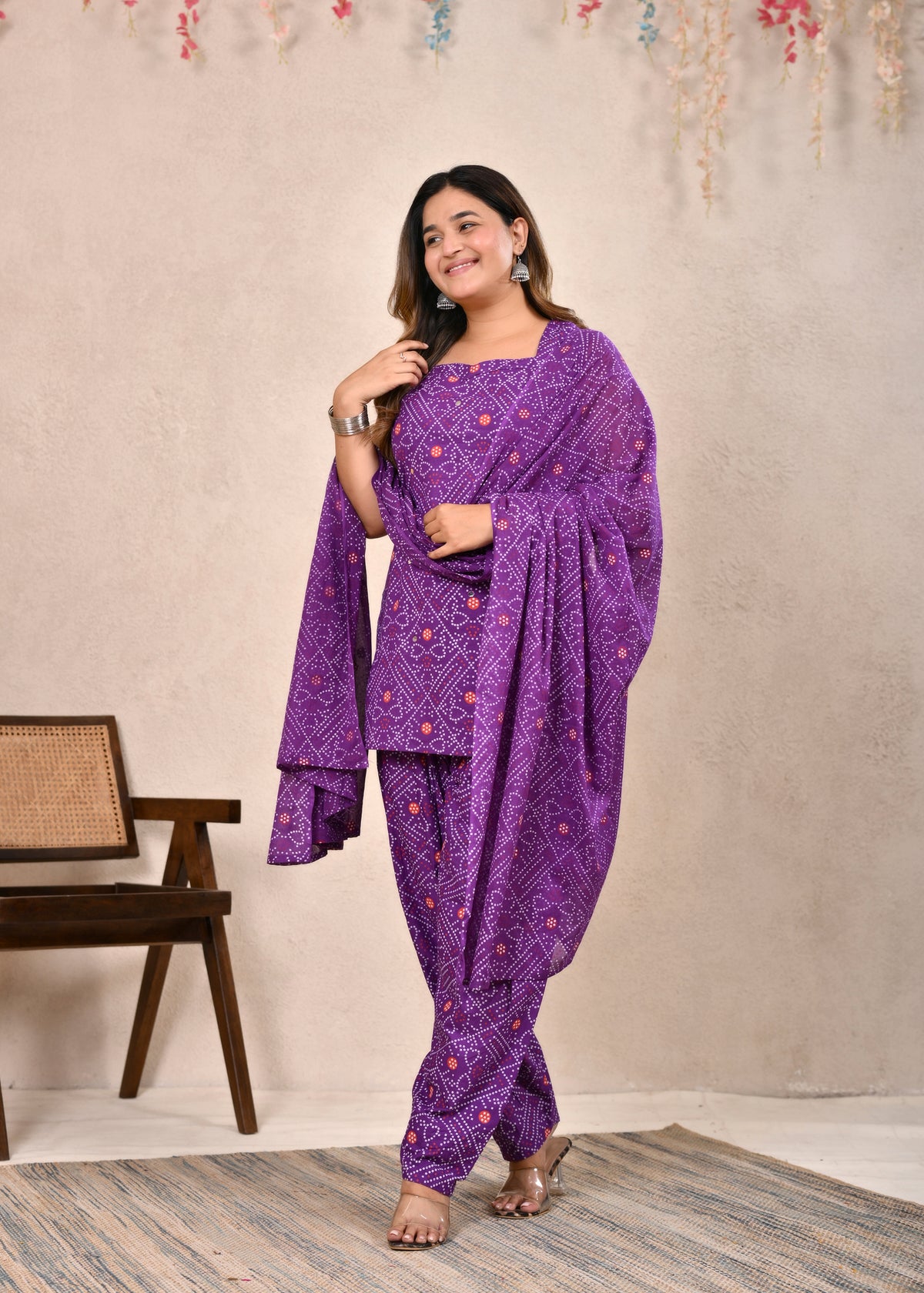 Ambrue Purple Bandhani Printed Cotton Kurta, Pant & Dupatta Set