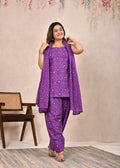 Ambrue Purple Bandhani Printed Cotton Kurta, Pant & Dupatta Set