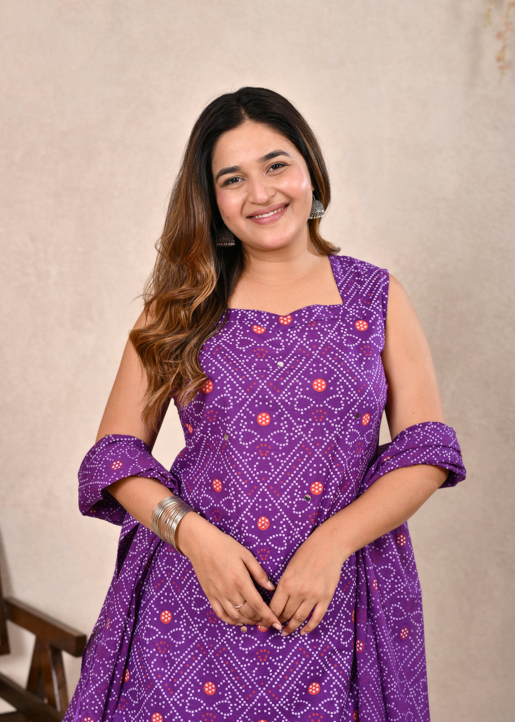 Ambrue Purple Bandhani Printed Cotton Kurta, Pant & Dupatta Set