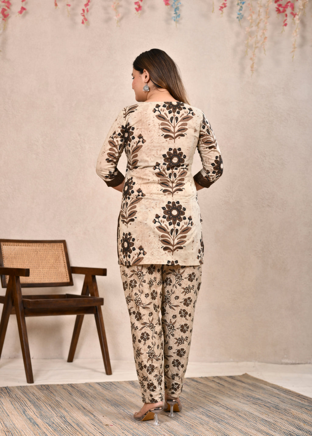 Beige Brown Lace-Trimmed Cotton Short Tunic Suit Set