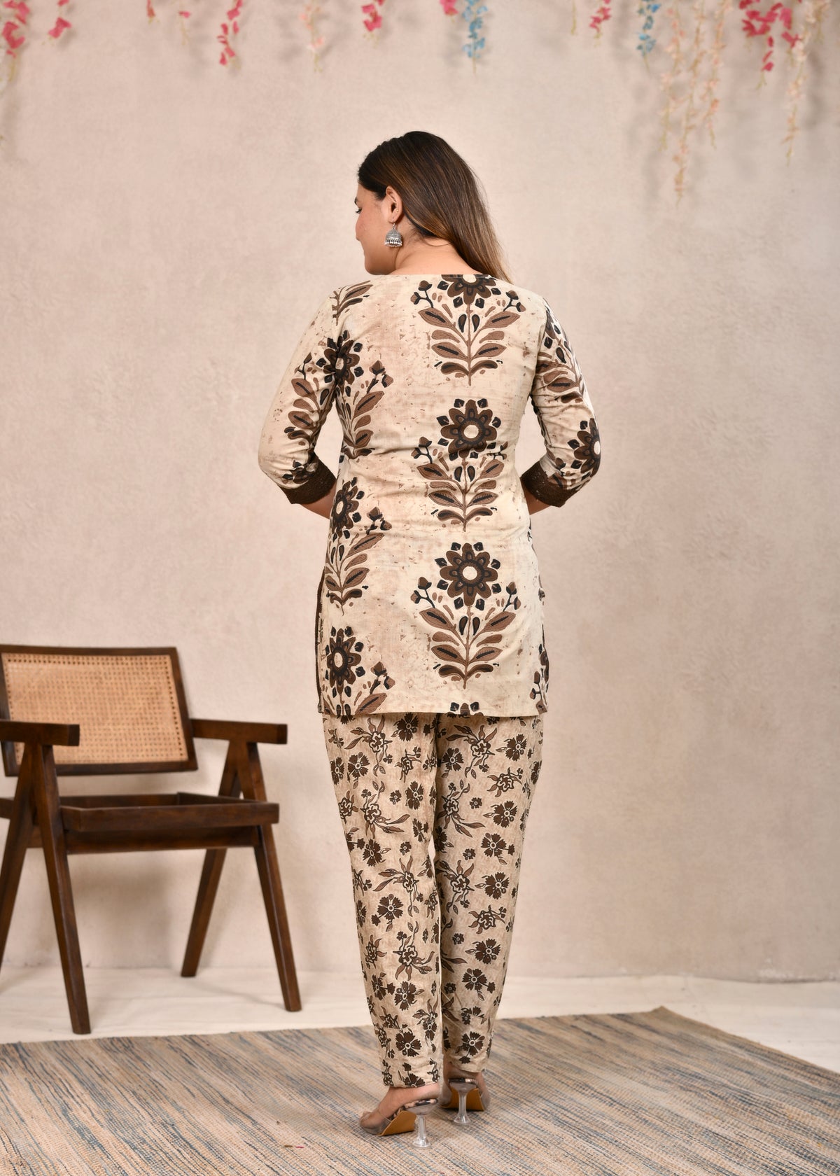 Beige Brown Lace-Trimmed Cotton Short Tunic Suit Set