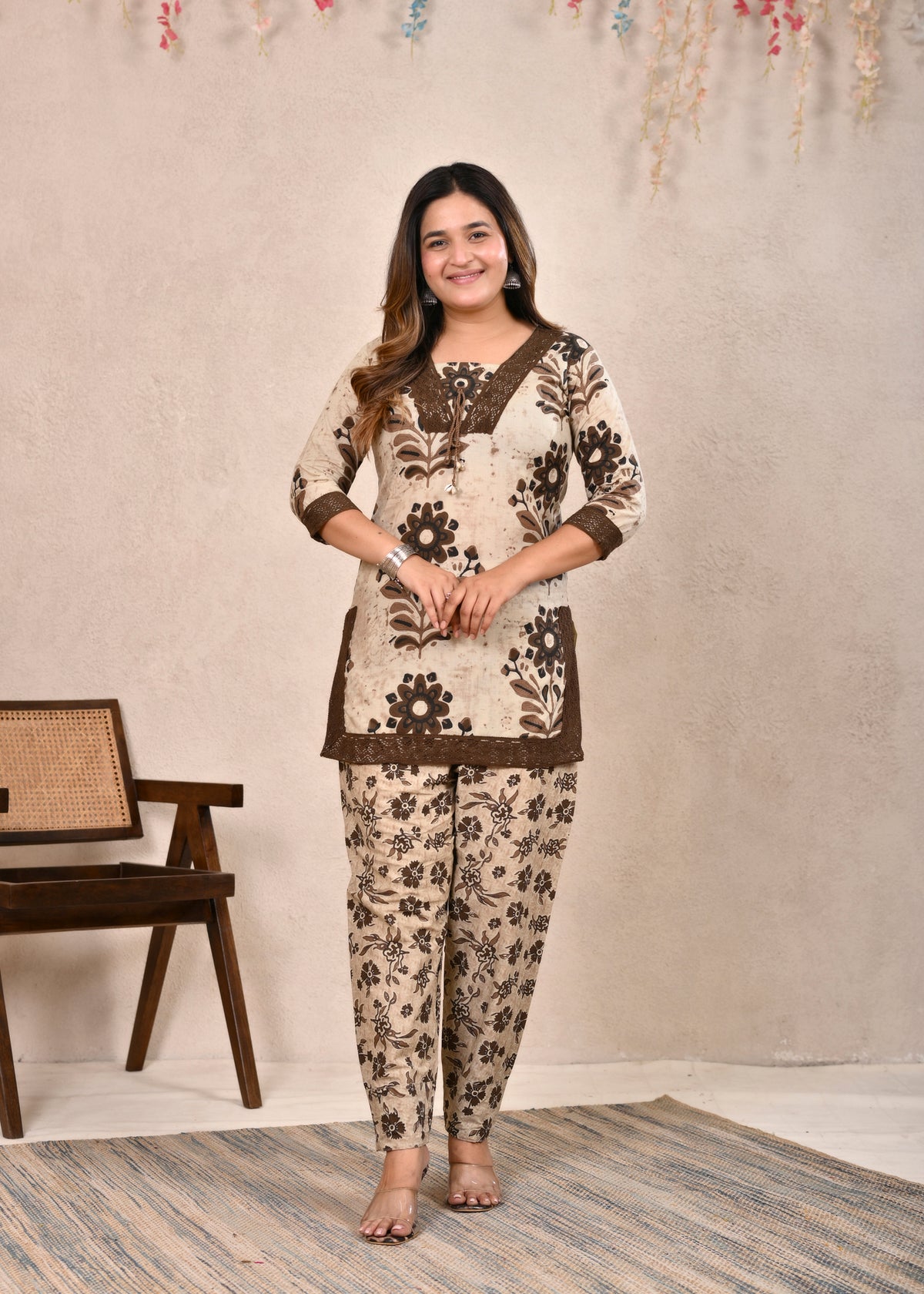 Beige Brown Lace-Trimmed Cotton Short Tunic Suit Set