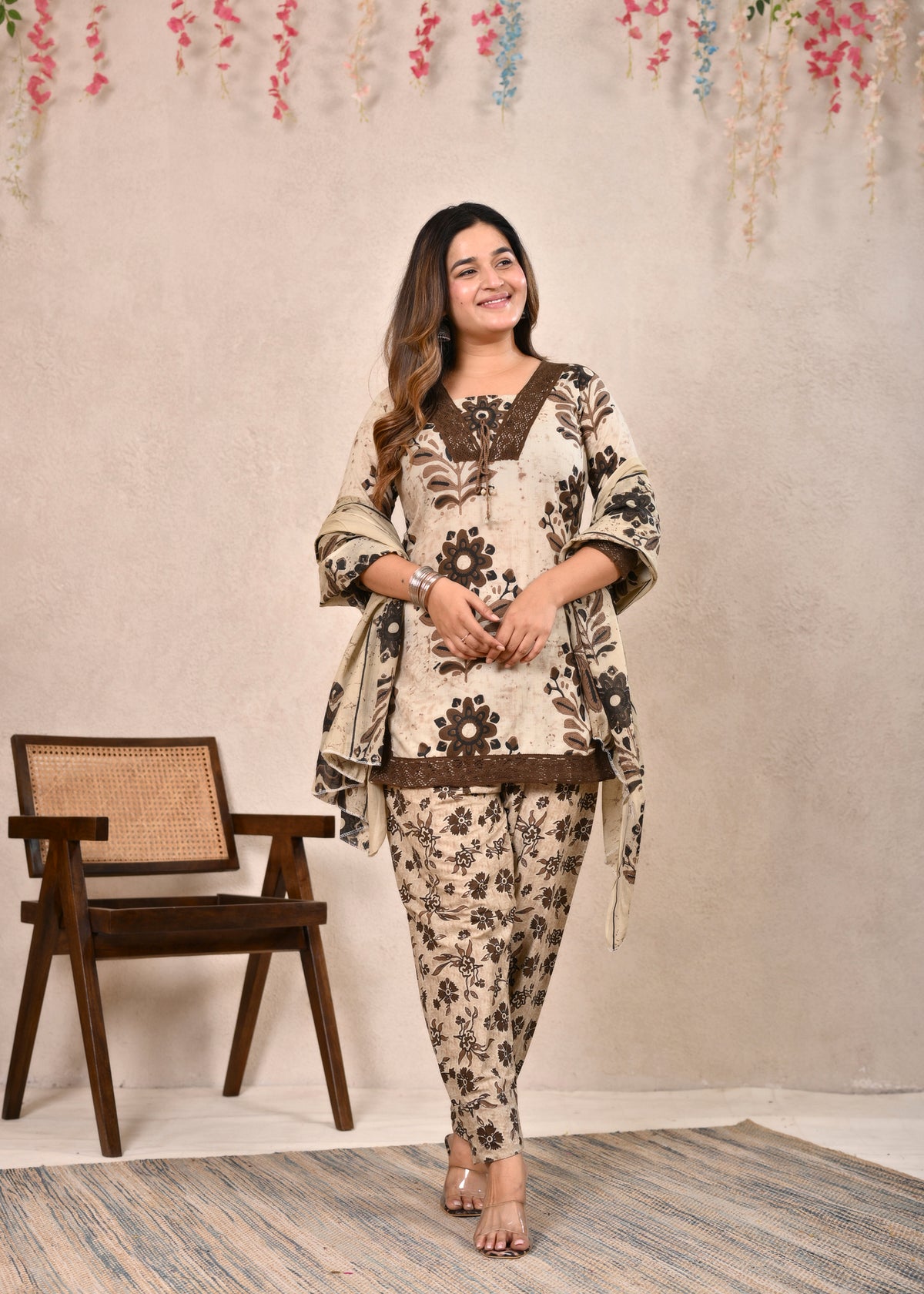 Beige Brown Lace-Trimmed Cotton Short Tunic Suit Set
