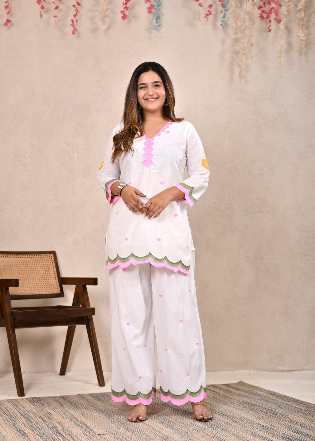 White Scalloped Pure Cotton Short Kurti Set with Dupatta