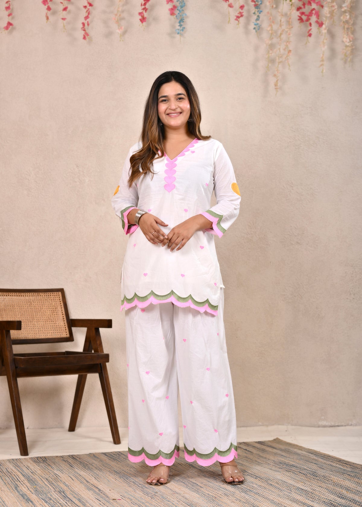 White Scalloped Pure Cotton Short Kurti Set with Dupatta