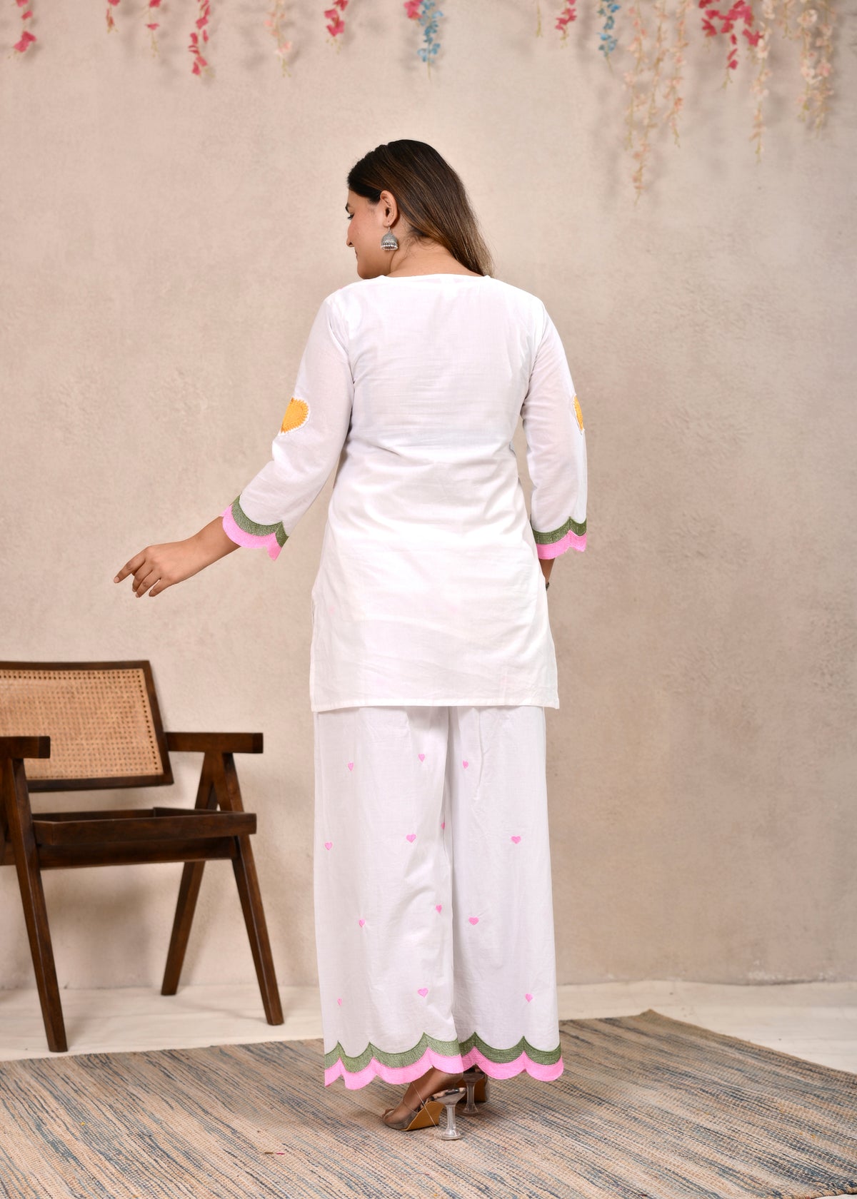 White Scalloped Pure Cotton Short Kurti Set with Dupatta
