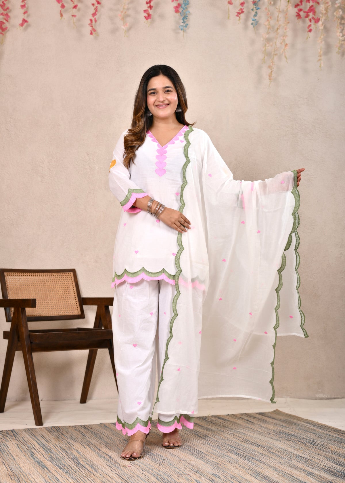 White Scalloped Pure Cotton Short Kurti Set with Dupatta