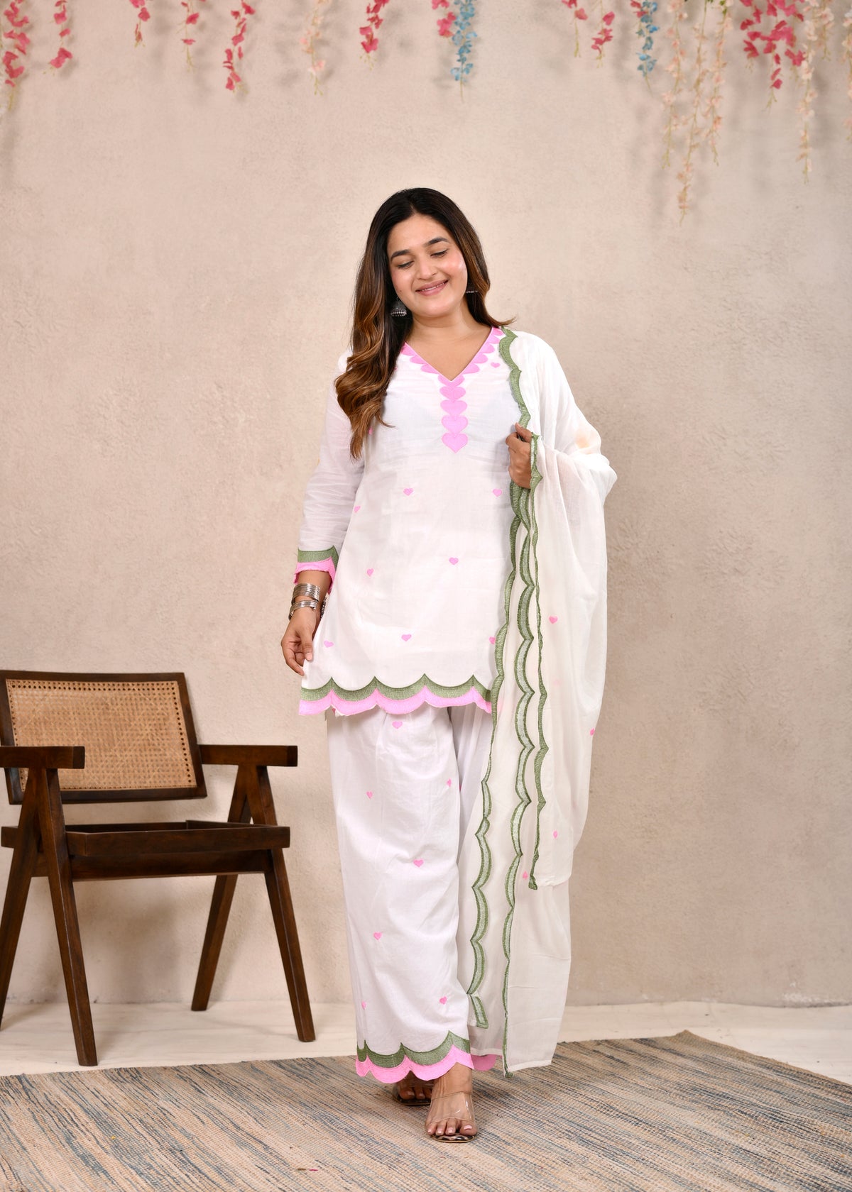 White Scalloped Pure Cotton Short Kurti Set with Dupatta