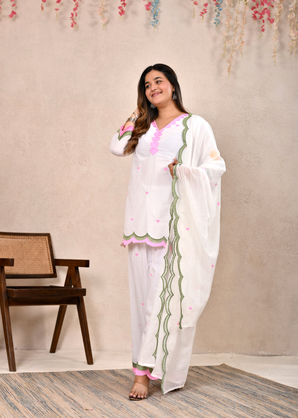 White Scalloped Pure Cotton Short Kurti Set with Dupatta