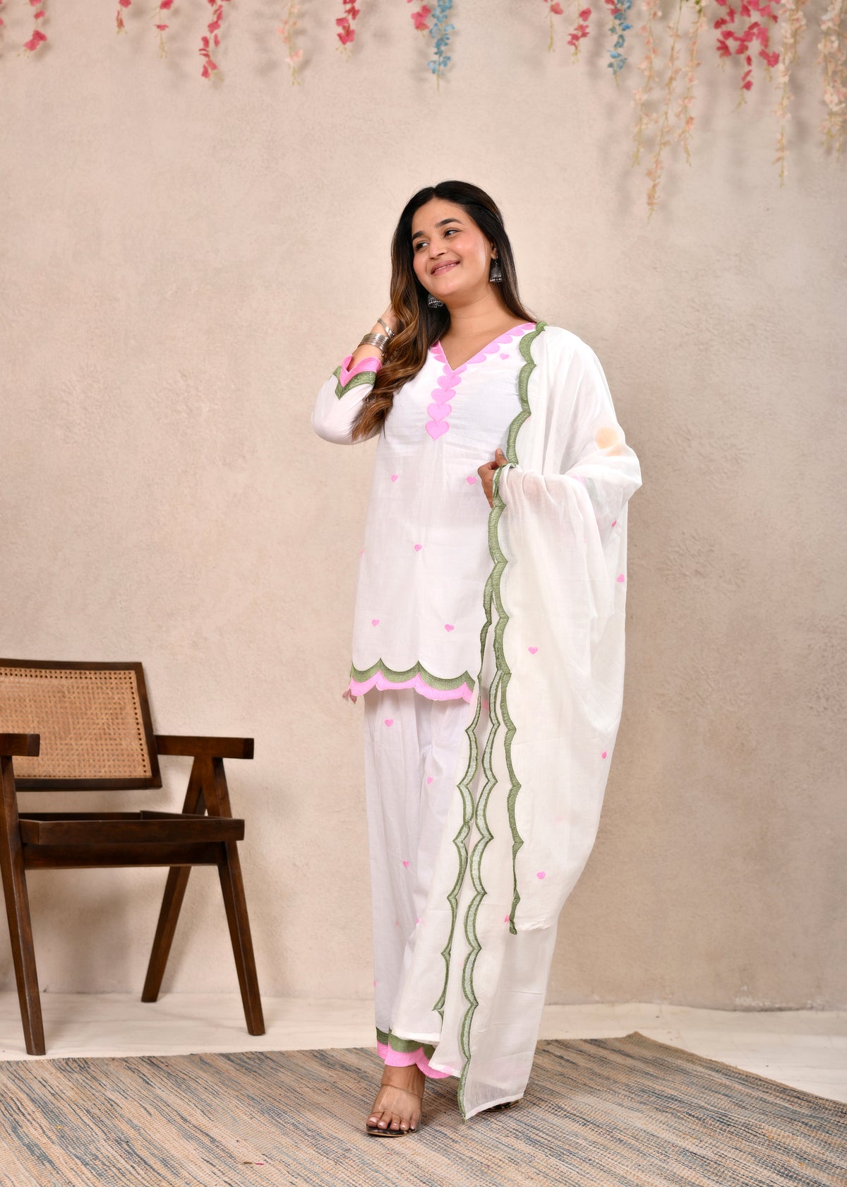 White Scalloped Pure Cotton Short Kurti Set with Dupatta