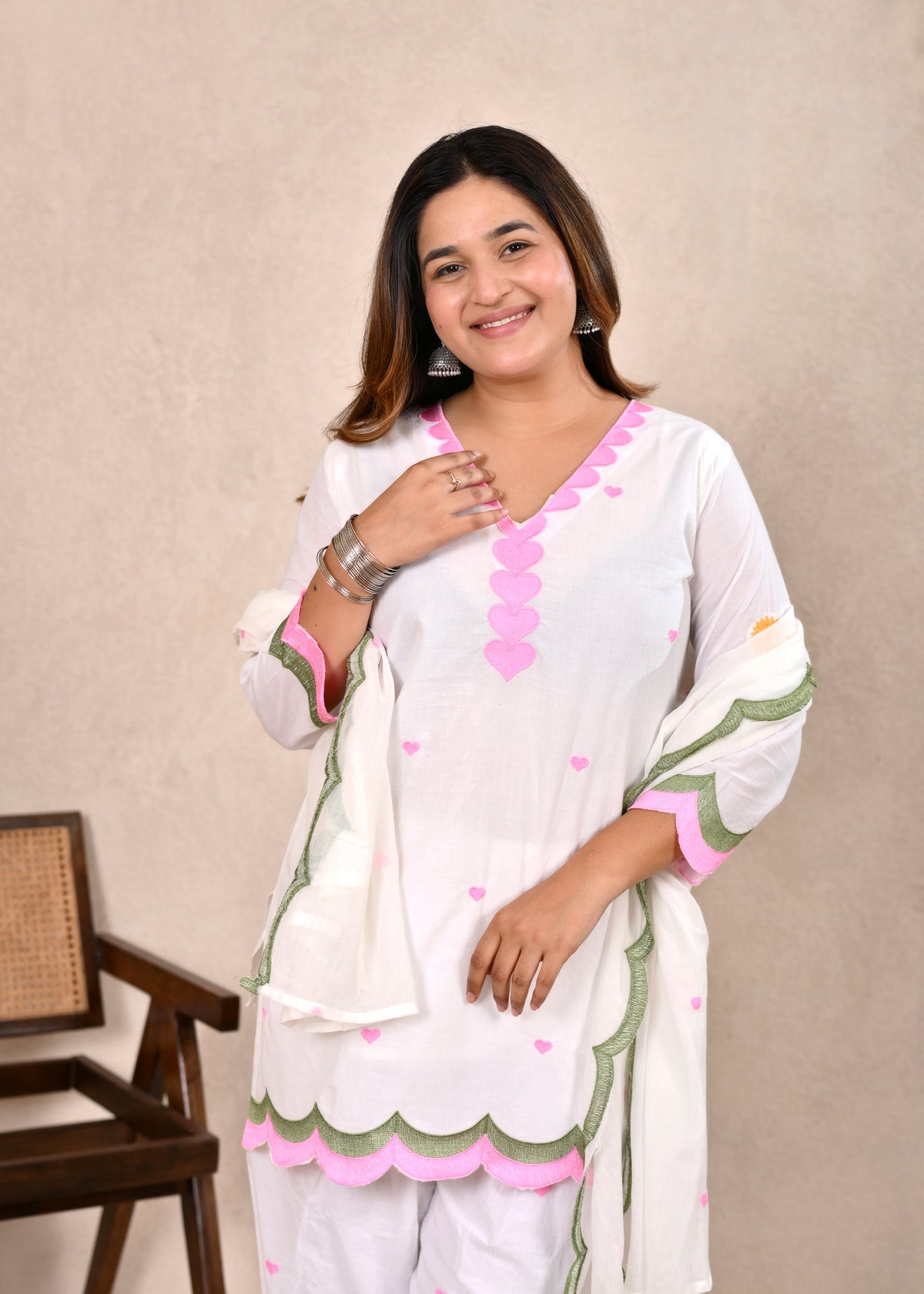 White Scalloped Pure Cotton Short Kurti Set with Dupatta