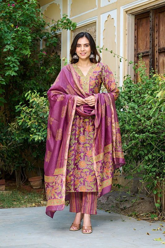 FLORAL CHANDERI SILK  NECKLINE MOTIF WORK SUIT SET