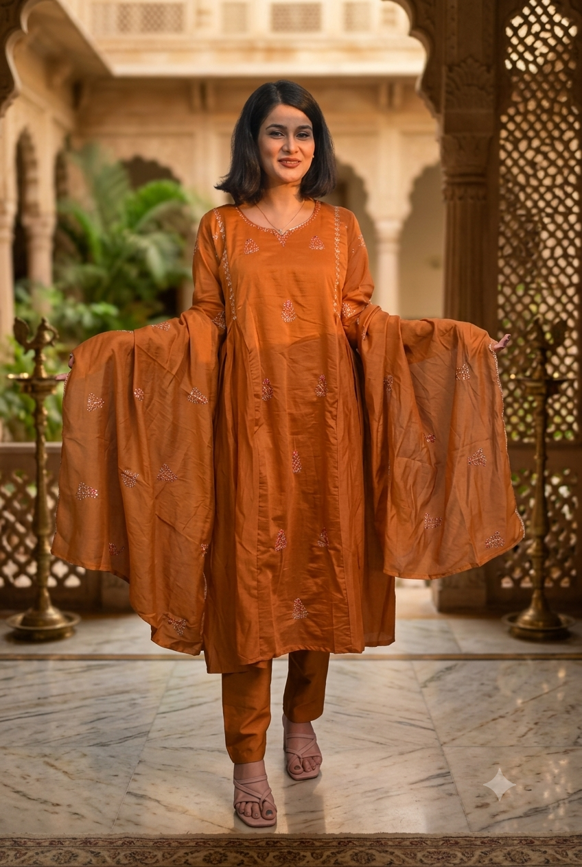 Ambrue Rajwada Rust Cotton Silk Suit Set