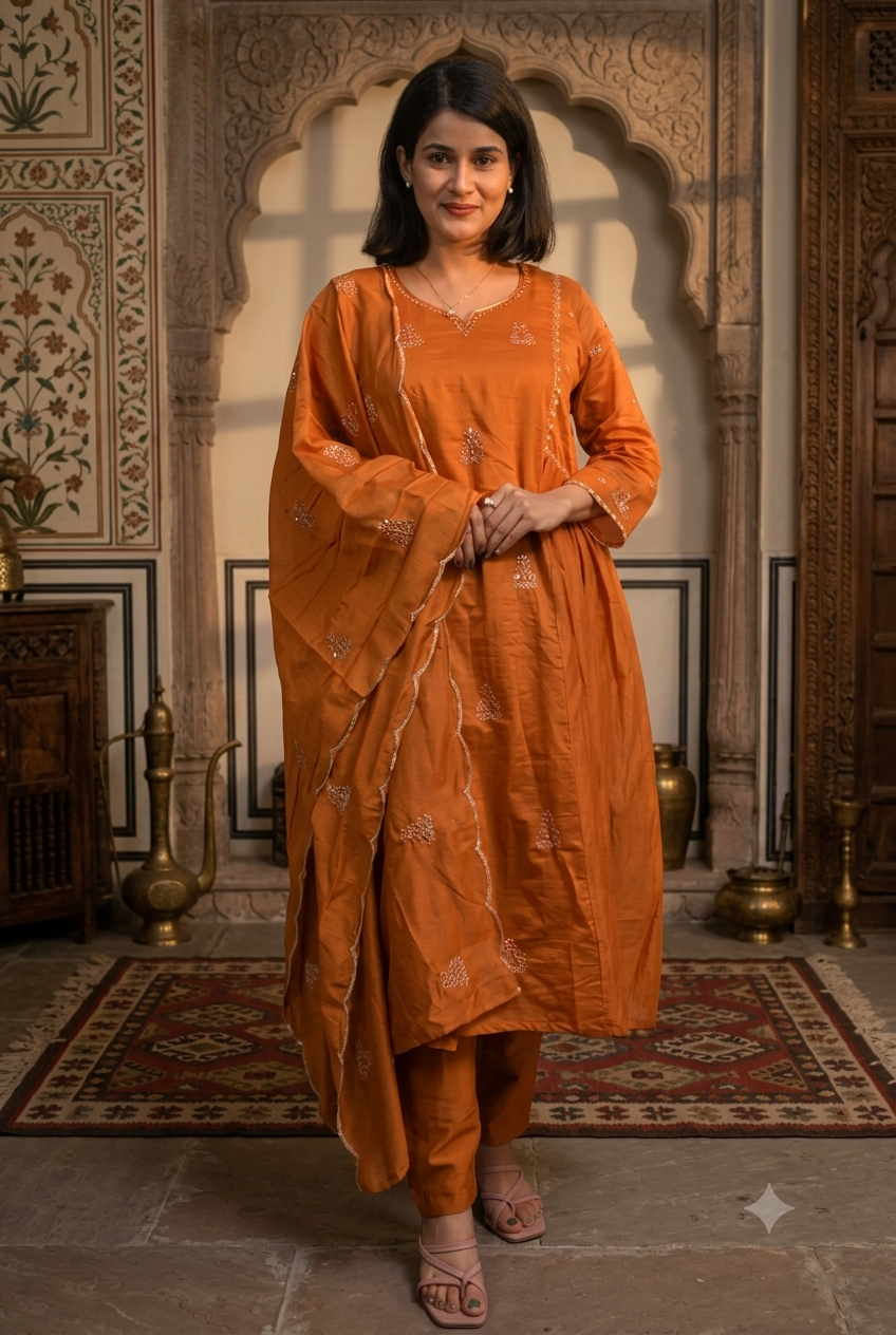 Ambrue Rajwada Rust Cotton Silk Suit Set