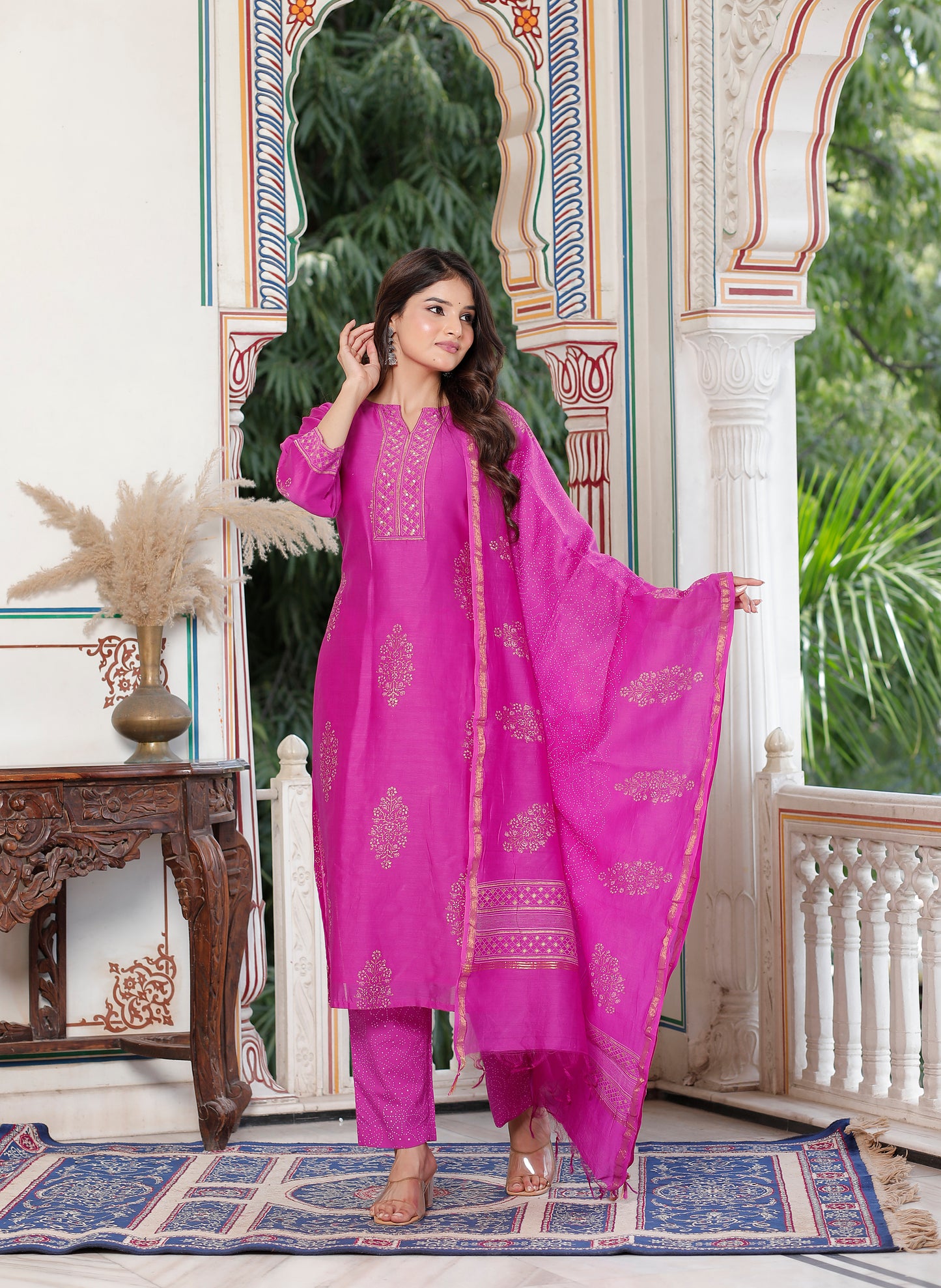 Royal Fuchsia Radiance – Pure Chanderi Silk Handcrafted 3-Piece Suit Set - An Ode to Timeless Indian Grandeur.