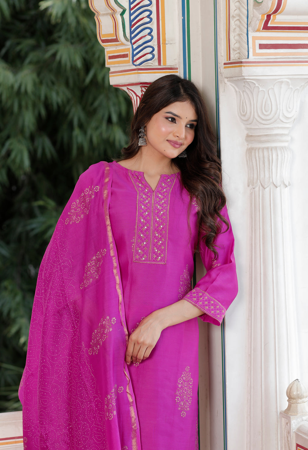 Royal Fuchsia Radiance – Pure Chanderi Silk Handcrafted 3-Piece Suit Set - An Ode to Timeless Indian Grandeur.