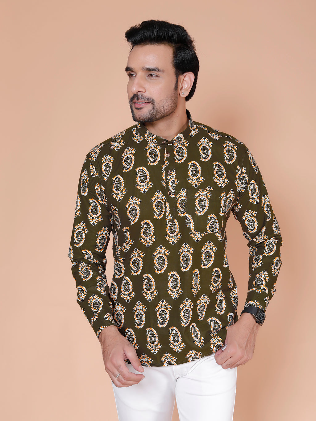 Olive Short Kurta For Men
