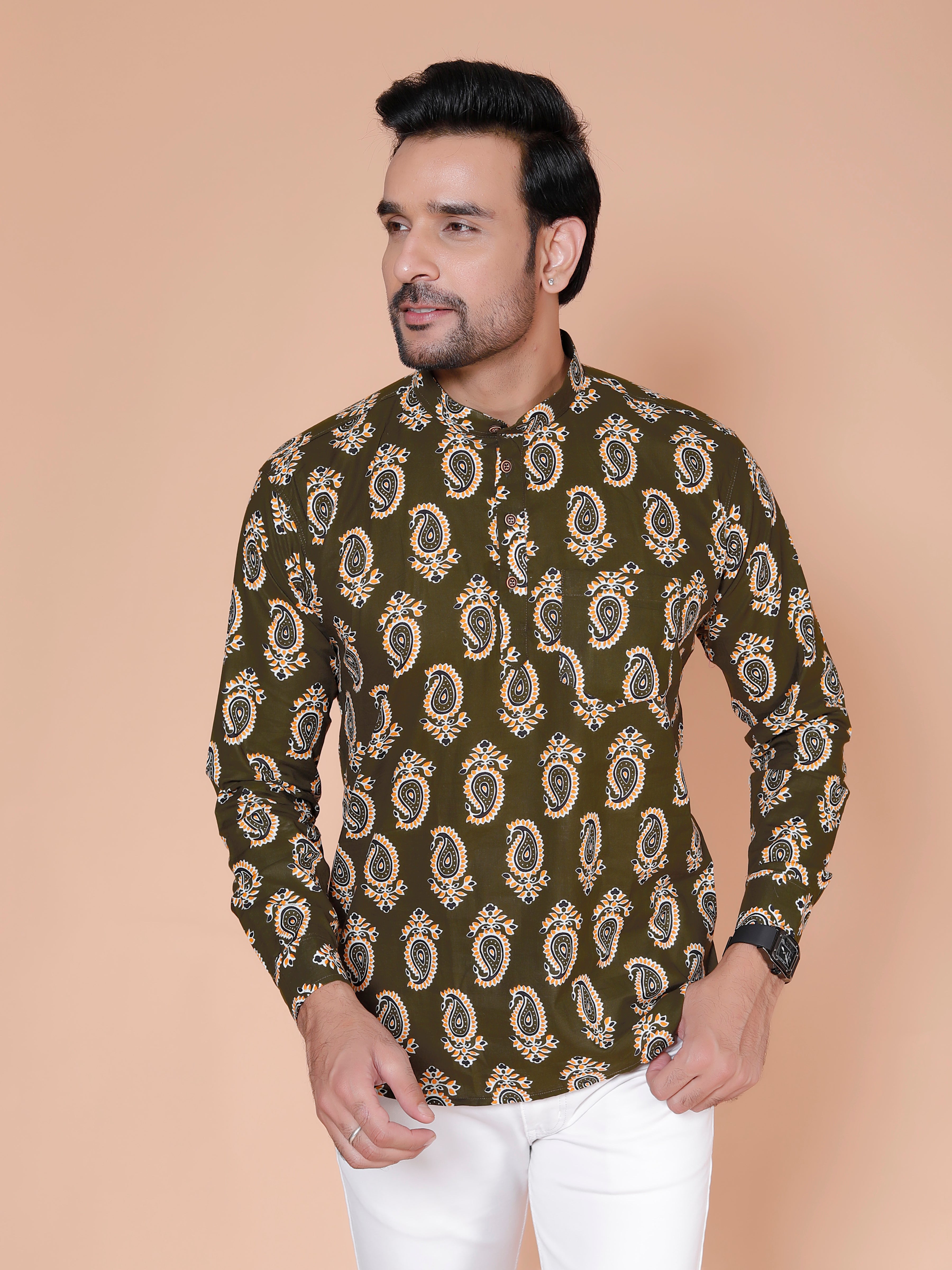 Olive Short Kurta For Men