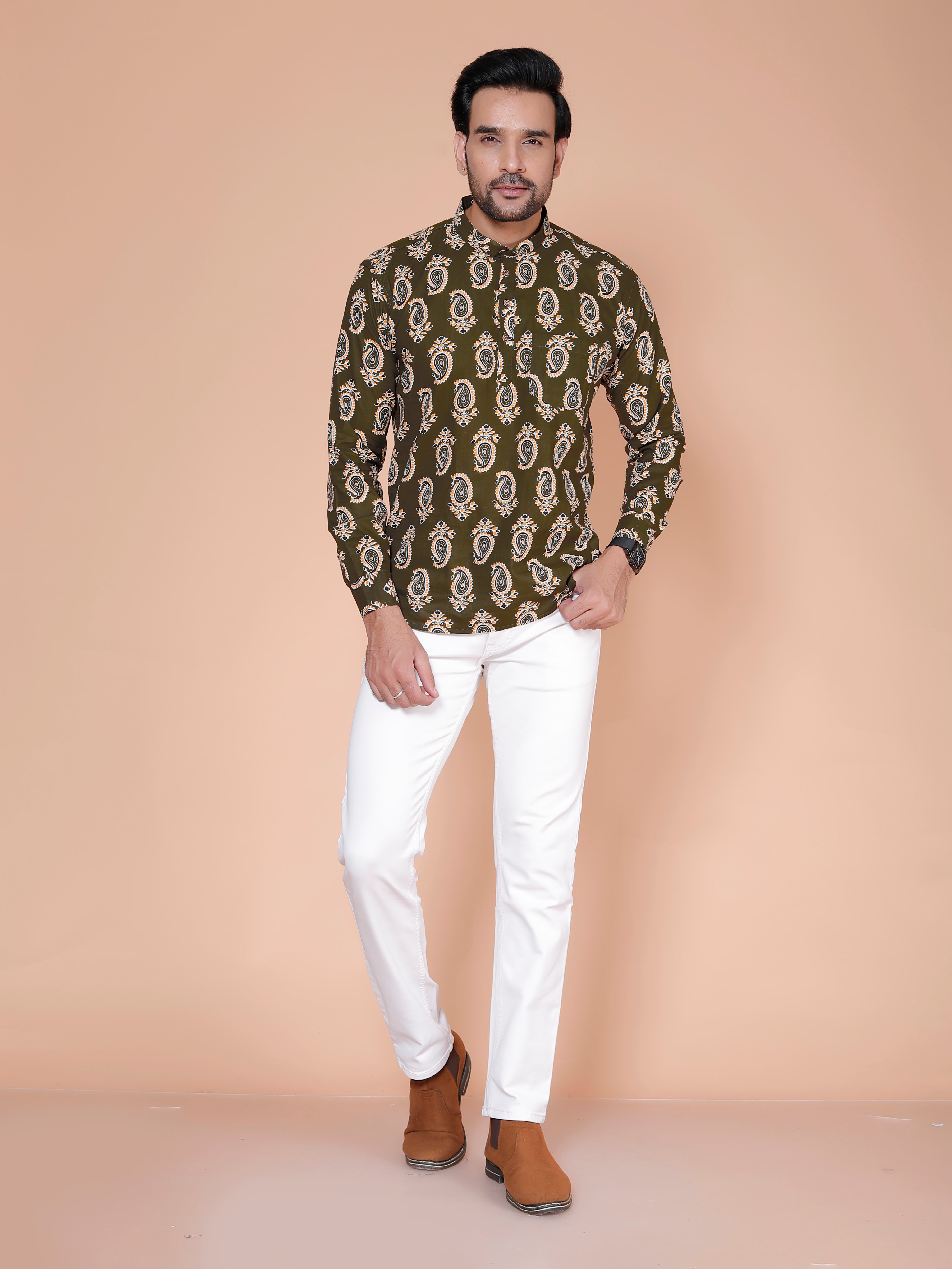 Olive Short Kurta For Men