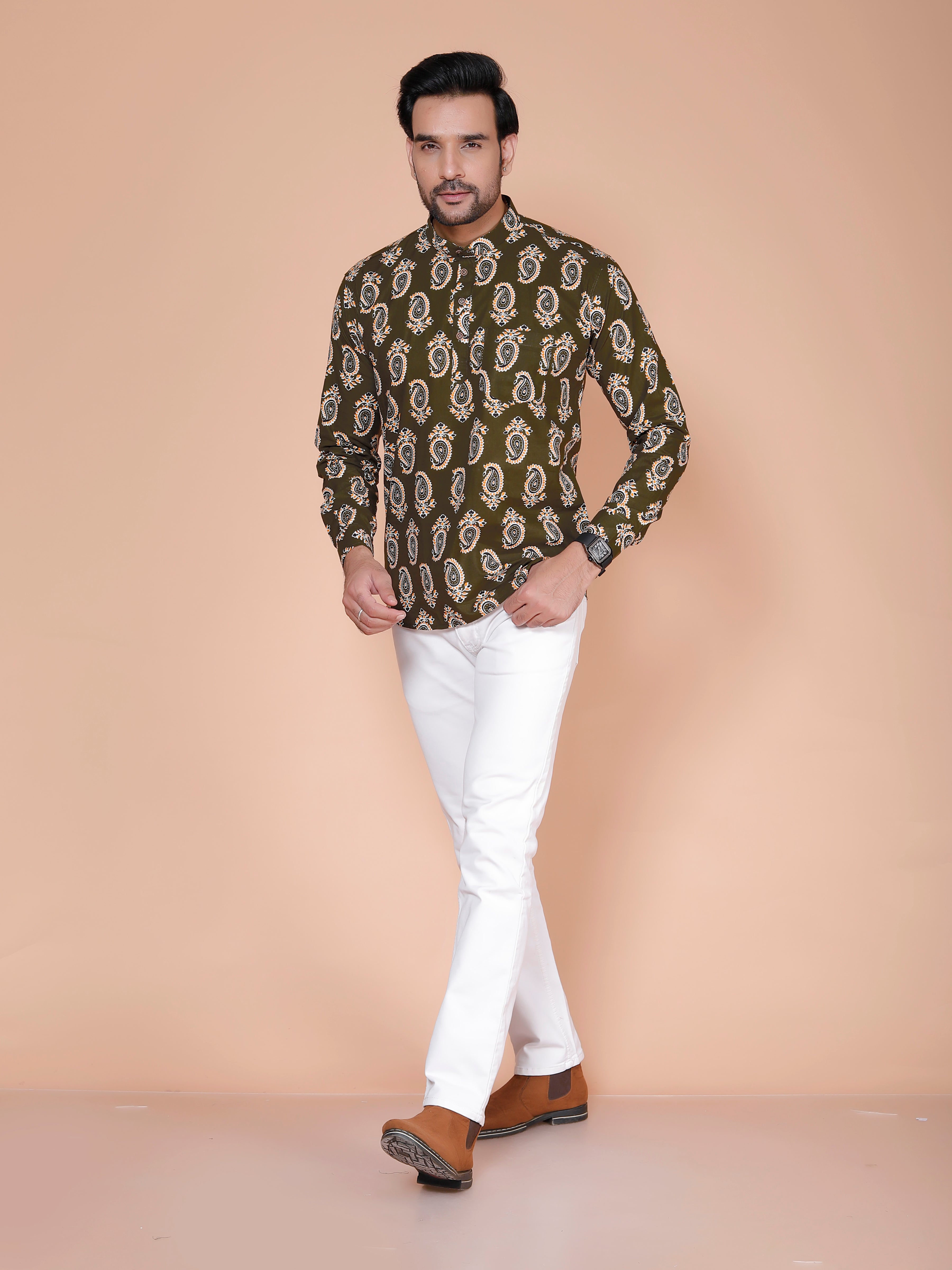 Olive Short Kurta For Men