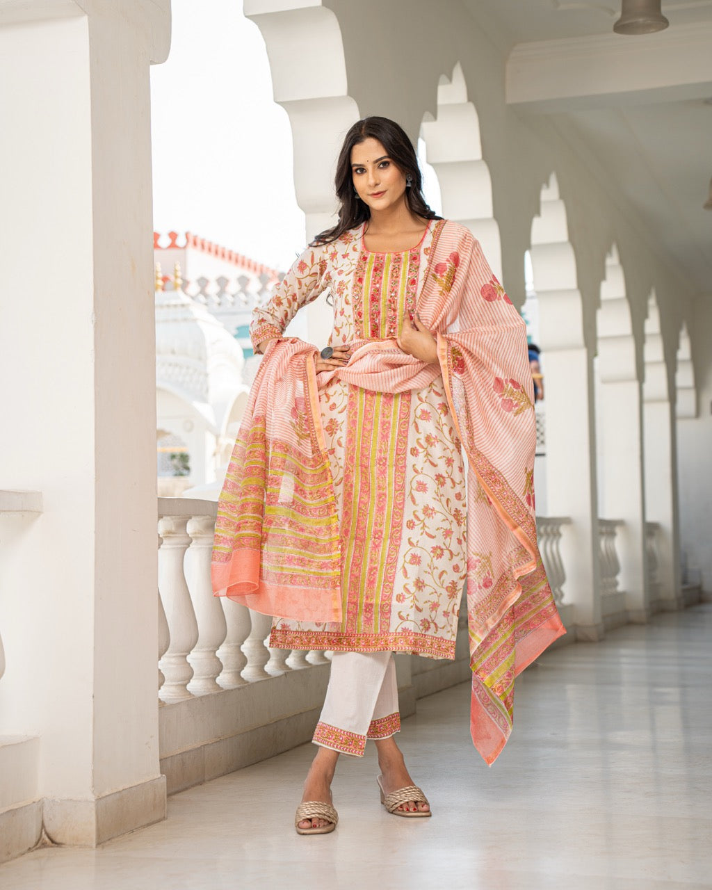 Cotton Silk - Handblock Print Subtle Motif Neckline Work Suit Set