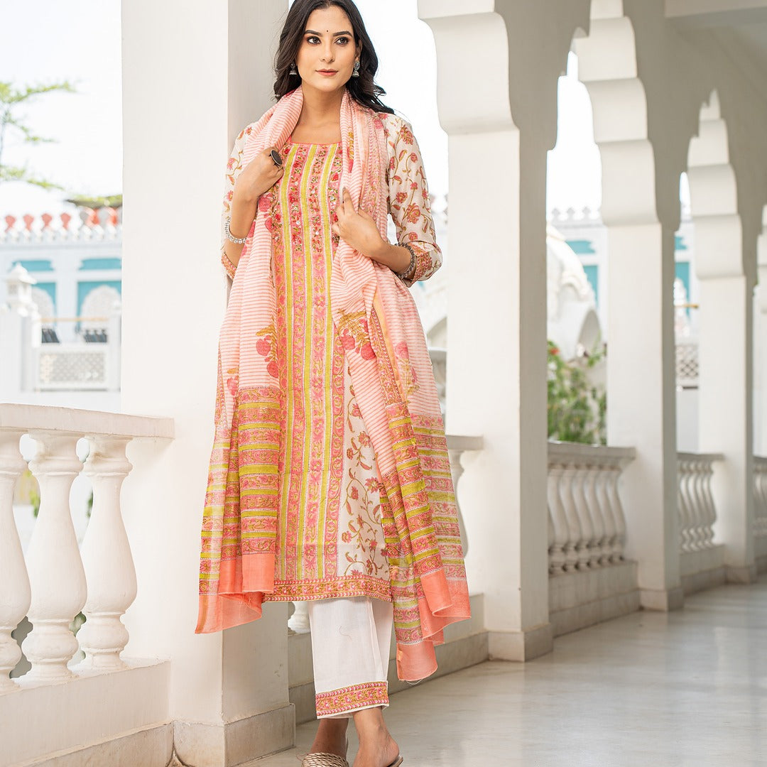 Cotton Silk - Handblock Print Subtle Motif Neckline Work Suit Set
