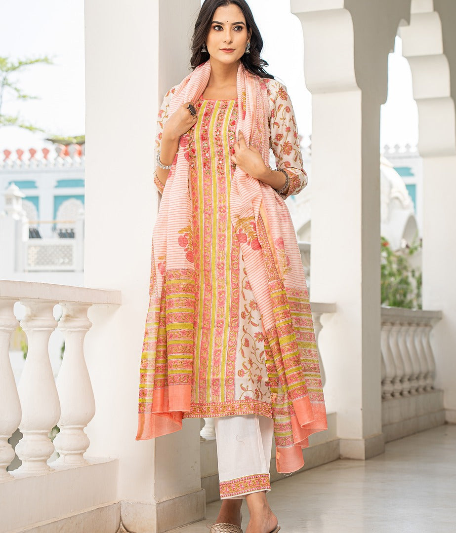 Cotton Silk - Handblock Print Subtle Motif Neckline Work Suit Set