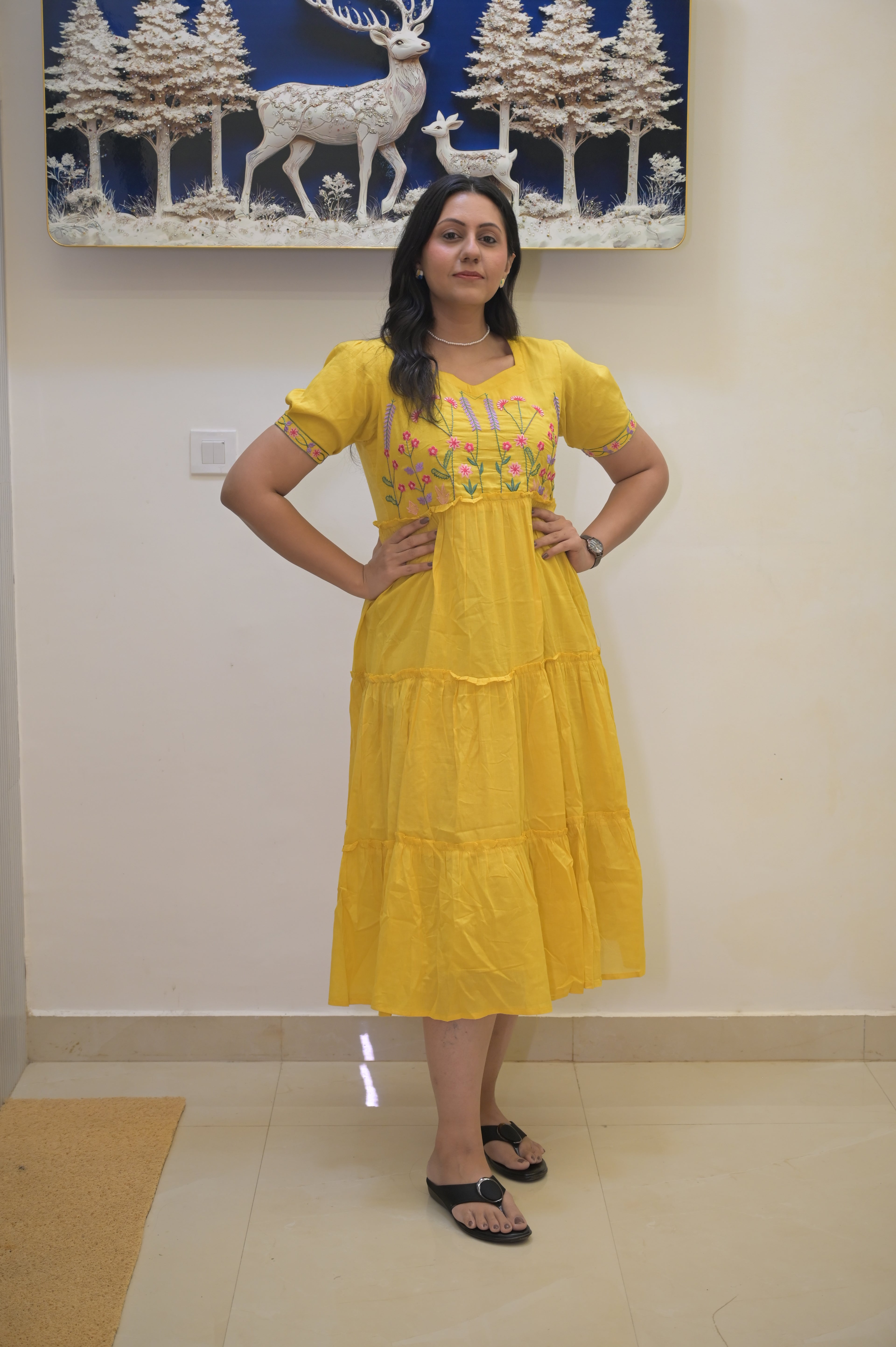 Indian Bloom Cotton Frock - Yellow