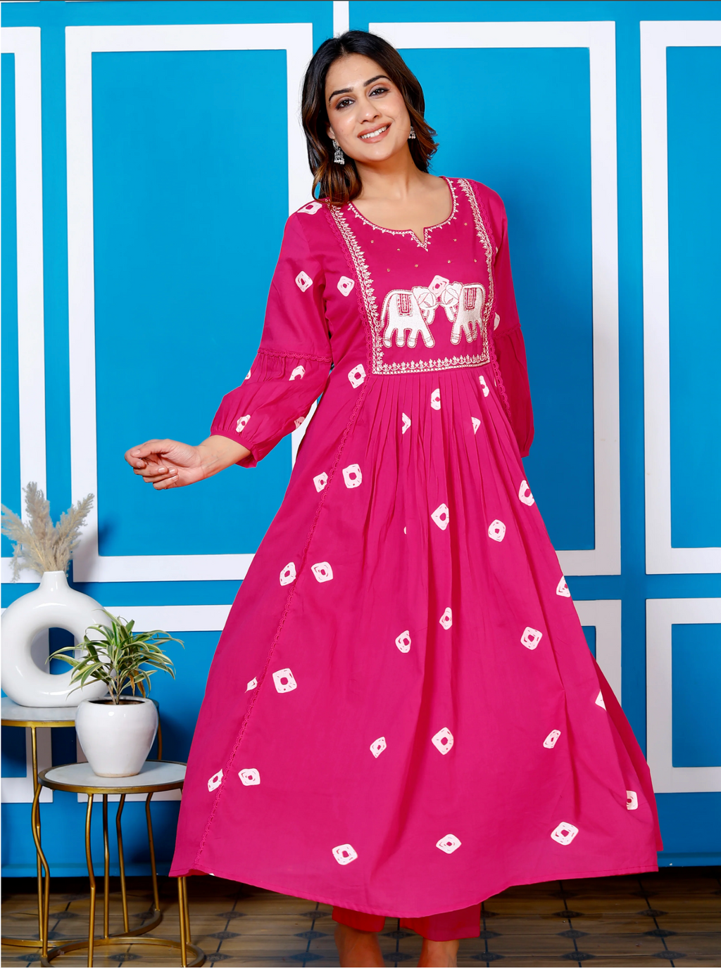 Bandhani Print Frock Suit - Hot Pink
