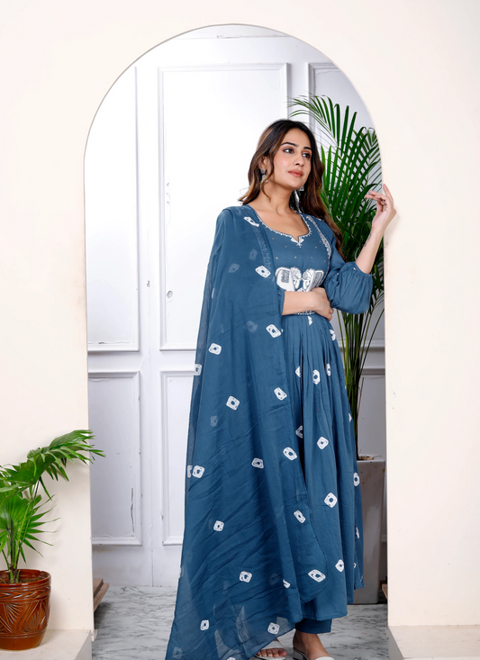 Bandhani Print Embroidered Blue Suit Set