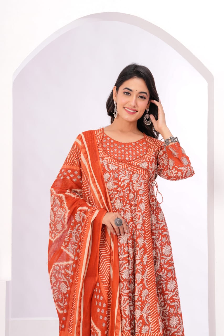 Gulnar Rust Angrakha Anarkali Suit Set