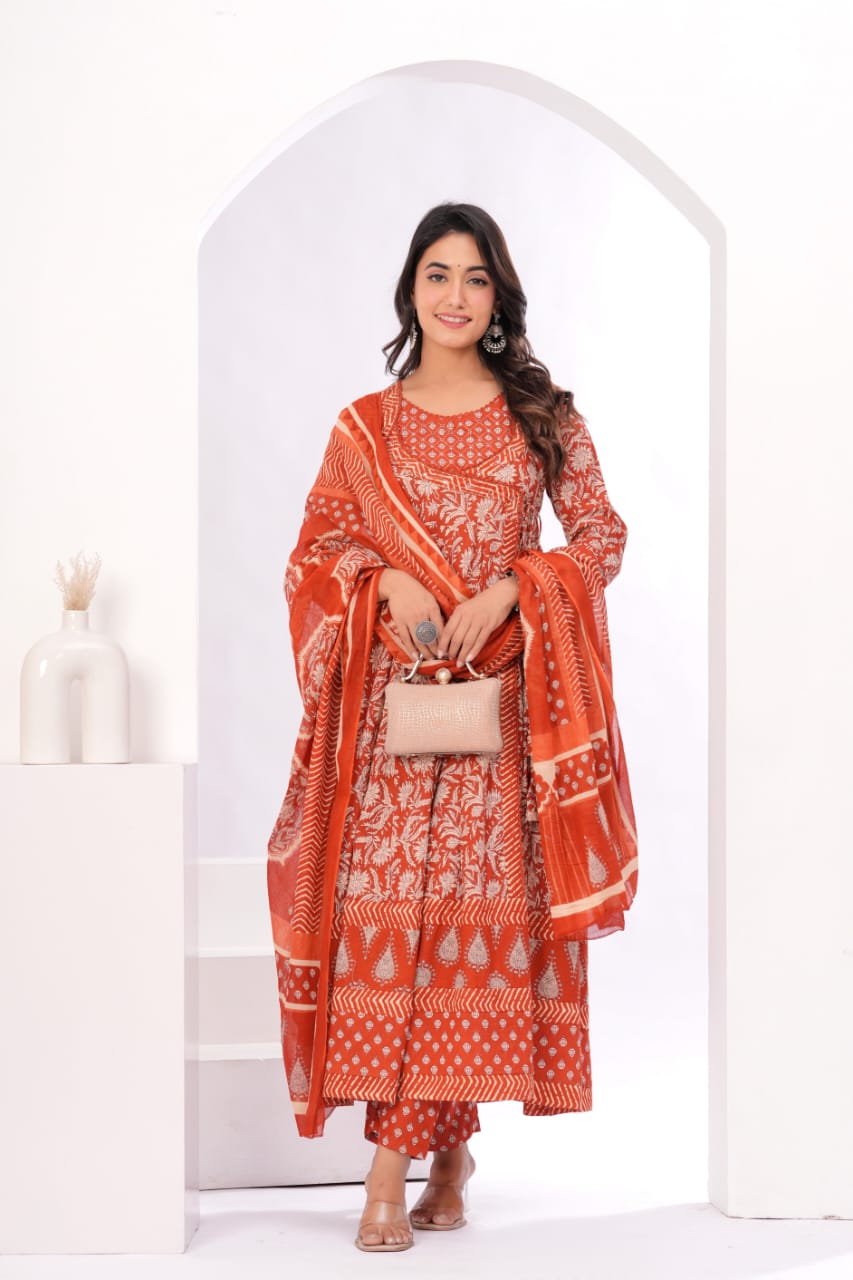 Gulnar Rust Angrakha Anarkali Suit Set