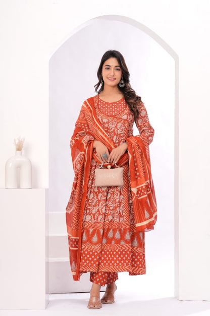 Gulnar Rust Angrakha Anarkali Suit Set