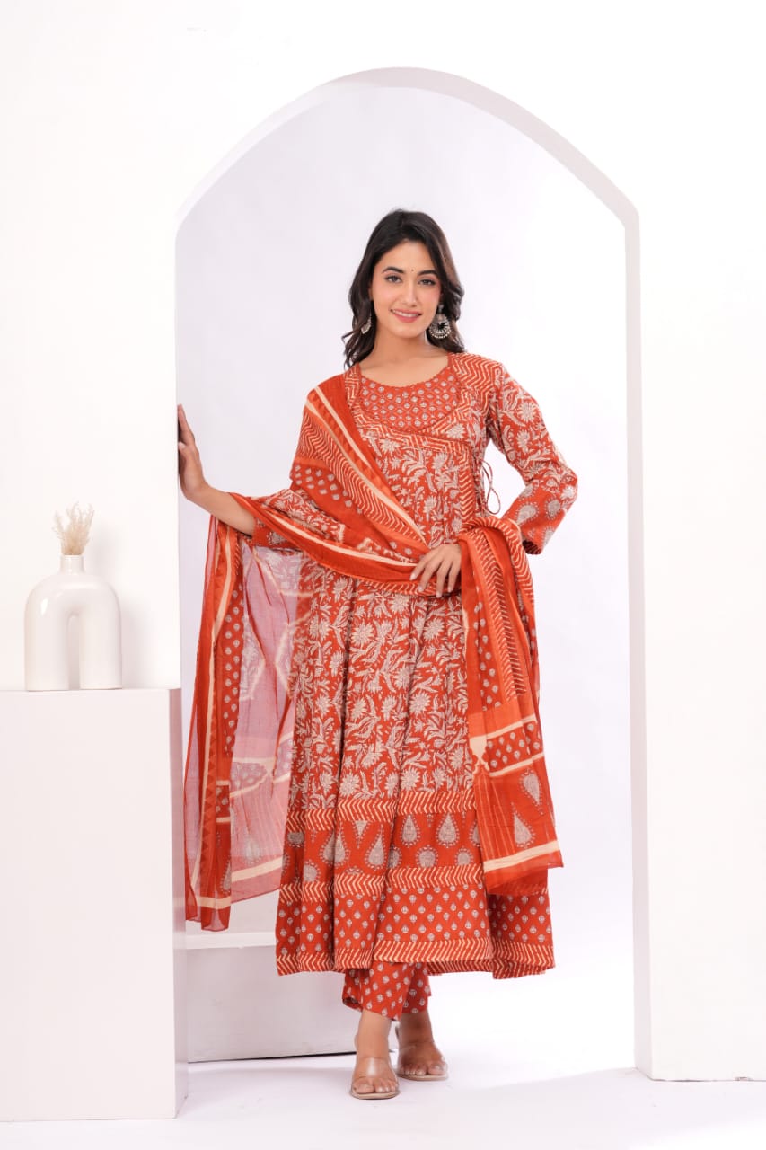 Gulnar Rust Angrakha Anarkali Suit Set