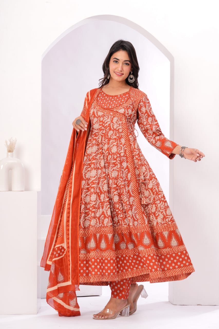 Gulnar Rust Angrakha Anarkali Suit Set