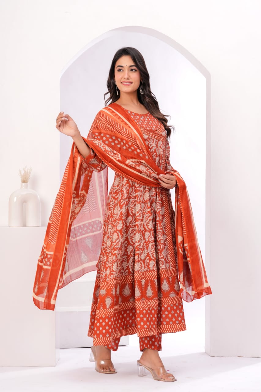 Gulnar Rust Angrakha Anarkali Suit Set