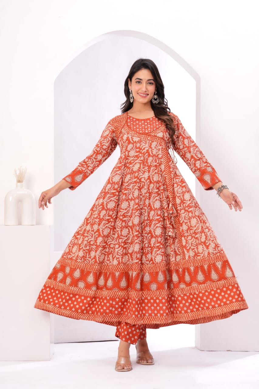 Gulnar Rust Angrakha Anarkali Suit Set