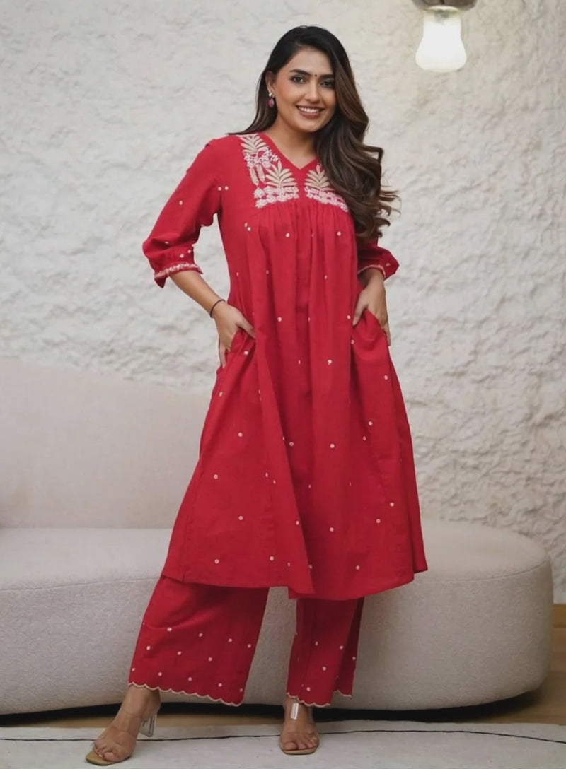 Pure Jute Cotton Fabric with Hand Embroidery Red